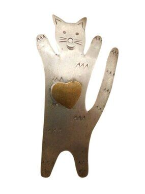 Silver Tone Cat Pin Brooch With Brass Heart Accent 2.25 Inch Not Marked